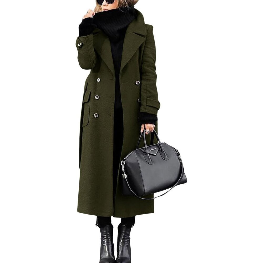 Women's Winter Double Breasted Wool Coat Business Casual Long Winter Pea Coat wi